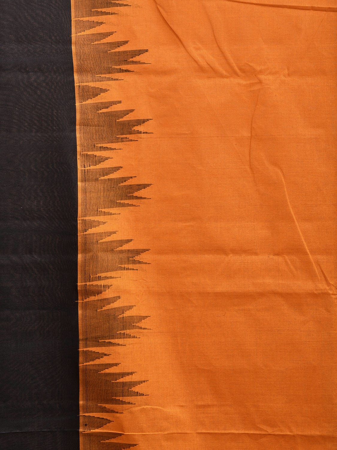 Orange and Black Khadi Cotton Handloom Saree with Ganga-Jamuna Big Temple Border kh0685