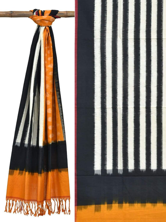 Orange and Black Pochampally Ikat Cotton Handloom Dupatta with Strips and Buta Design ds1842