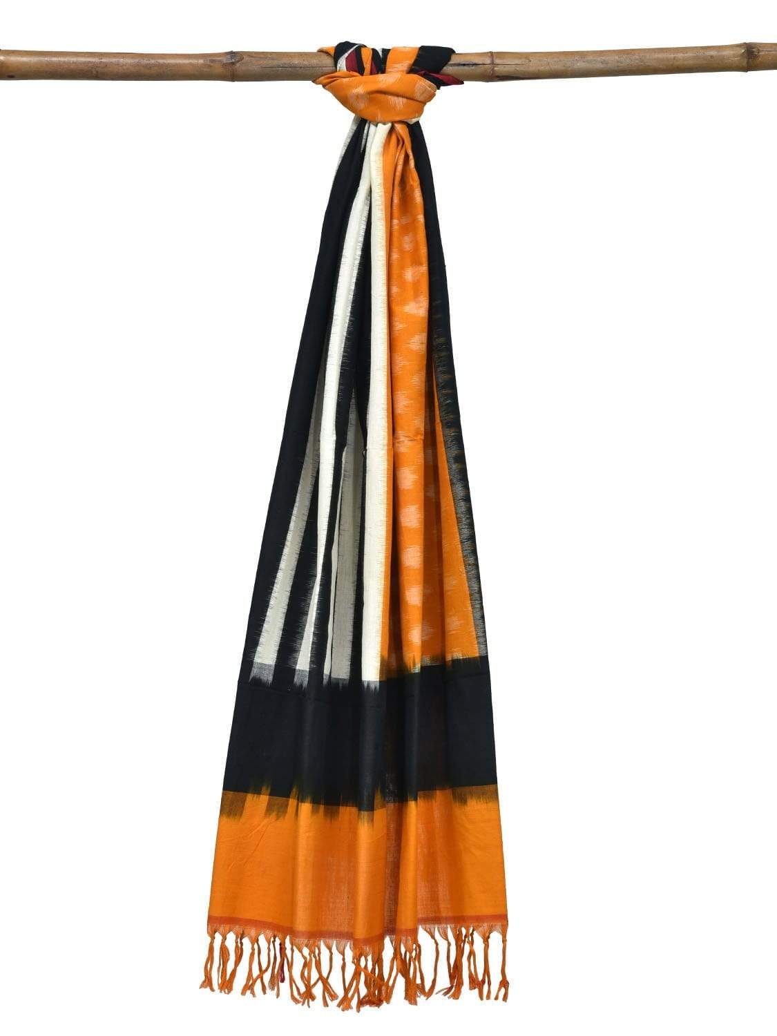 Orange and Black Pochampally Ikat Cotton Handloom Dupatta with Strips and Buta Design ds1842