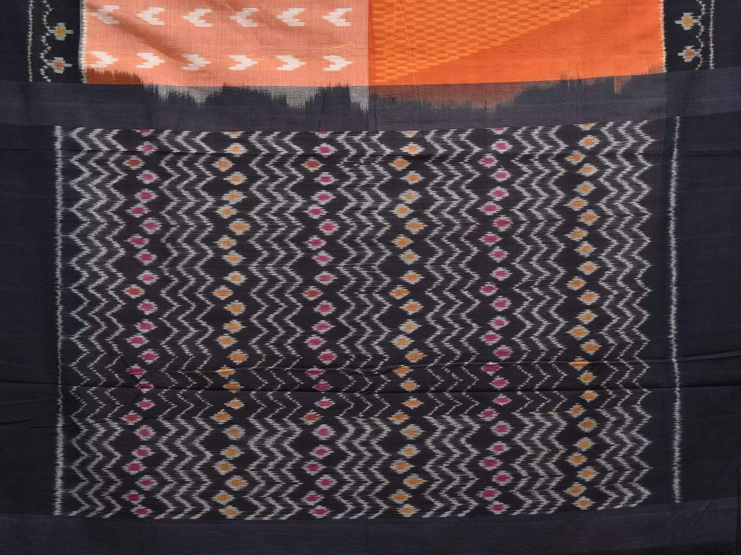 Orange and Black Pochampally Ikat Cotton Handloom Saree with Half-Half Design i0602