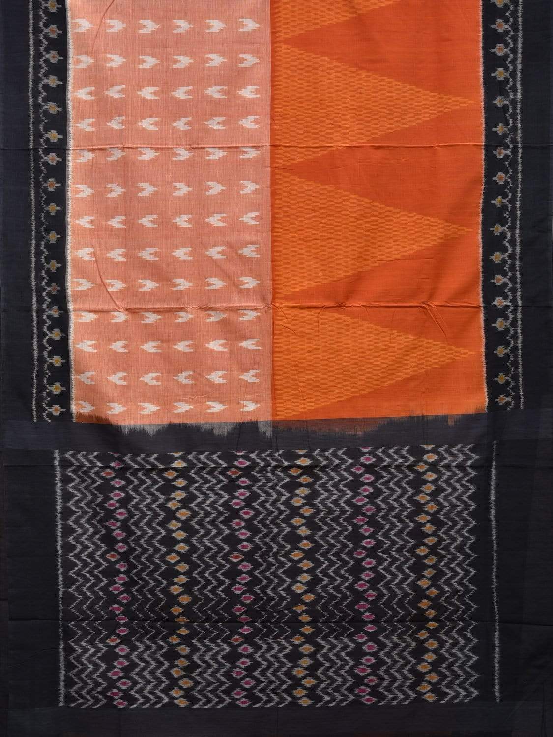 Orange and Black Pochampally Ikat Cotton Handloom Saree with Half-Half Design i0602