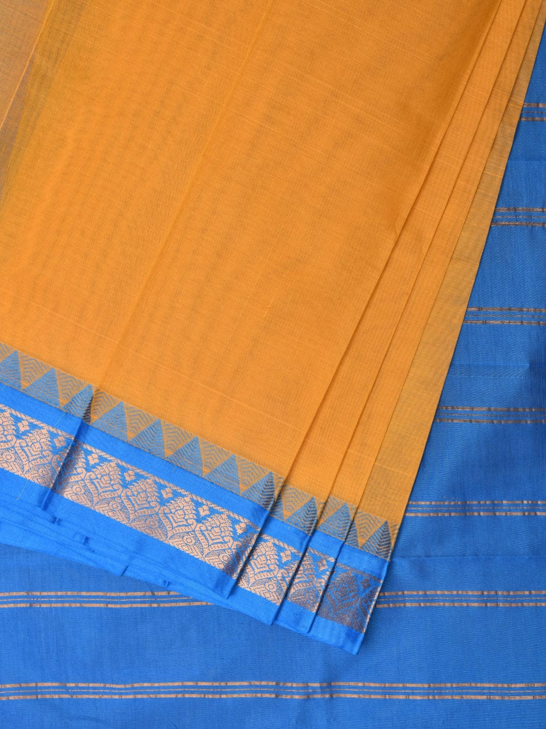 Orange and Blue Gadwal Cotton Handloom Saree with Strips Pallu Design No Blouse g0363