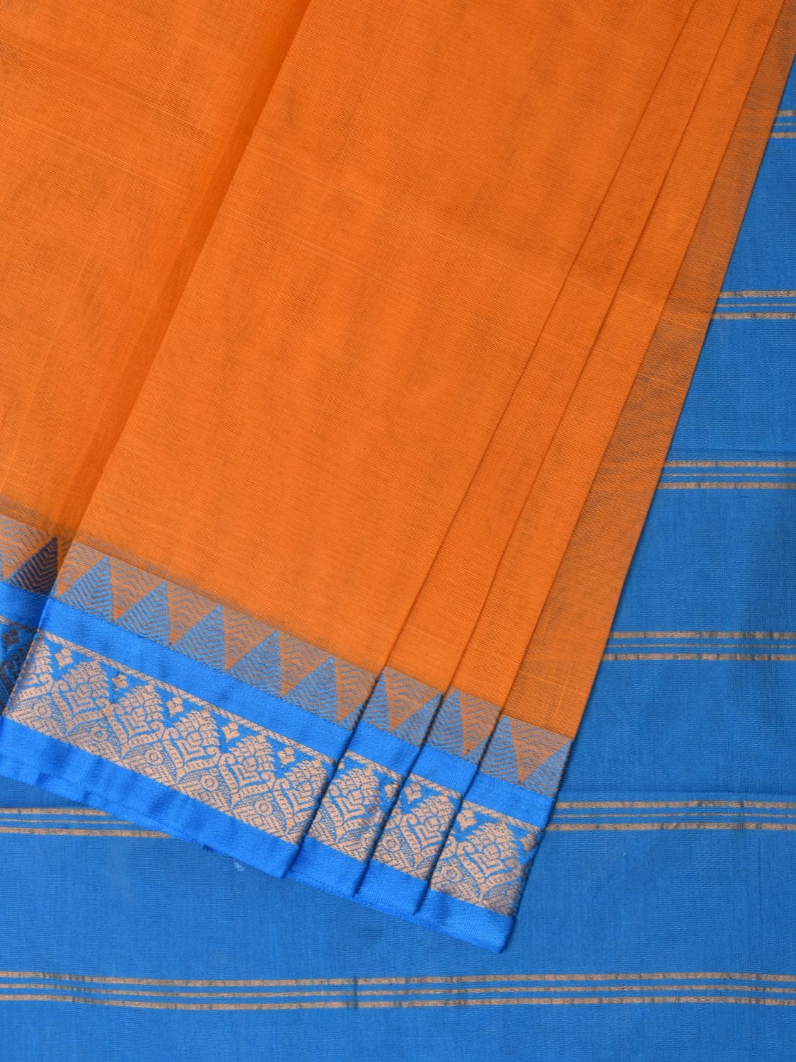 Orange and Blue Gadwal Cotton Plain Saree with Small Border Design No Blouse g0344