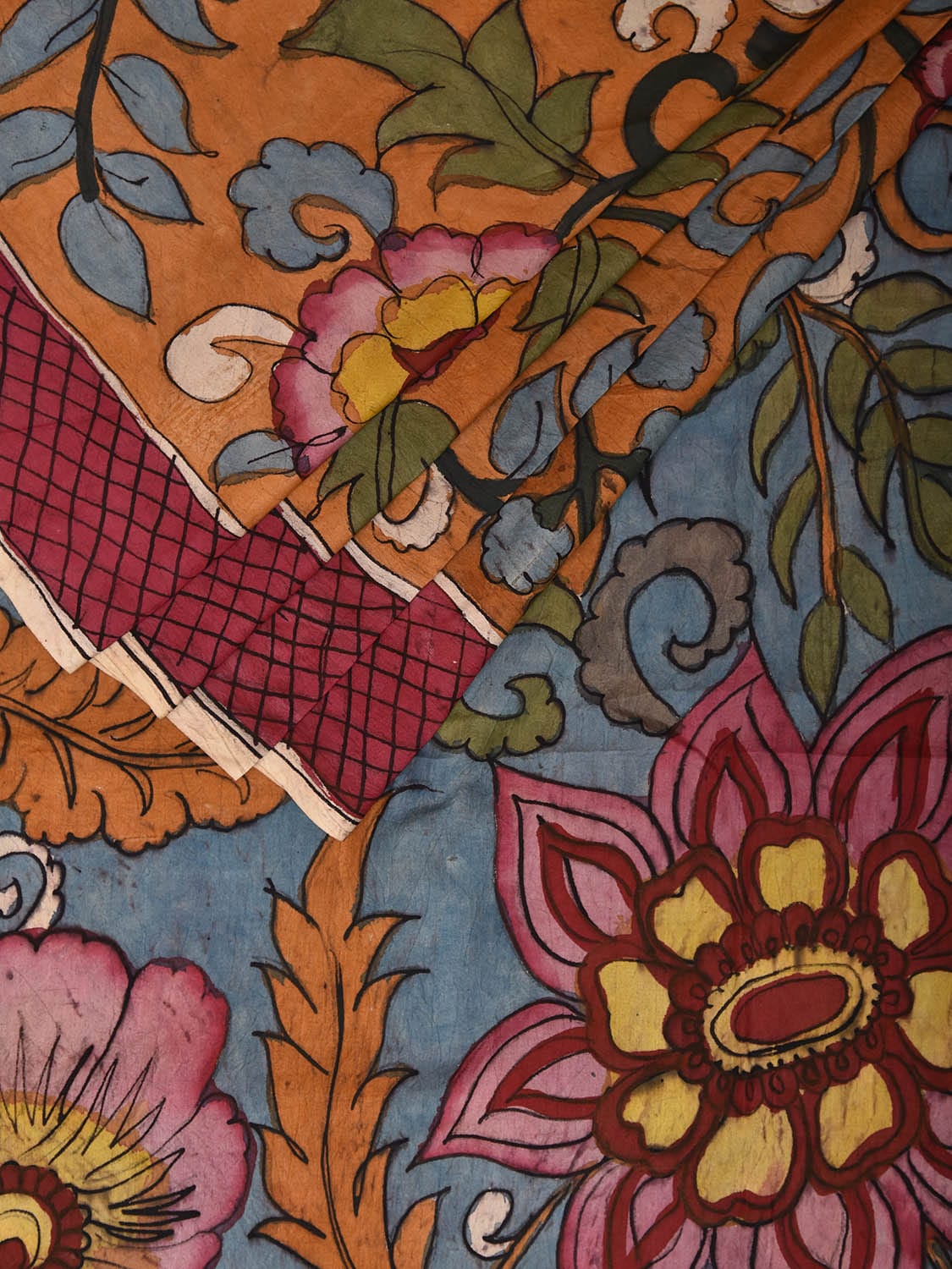 Orange and Blue Kalamkari Hand Painted Silk Handloom Saree with Floral Design kl0791