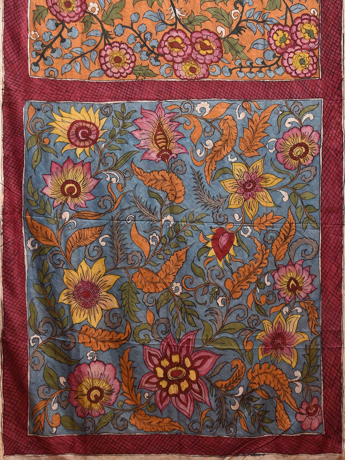 Orange and Blue Kalamkari Hand Painted Silk Handloom Saree with Floral Design kl0791