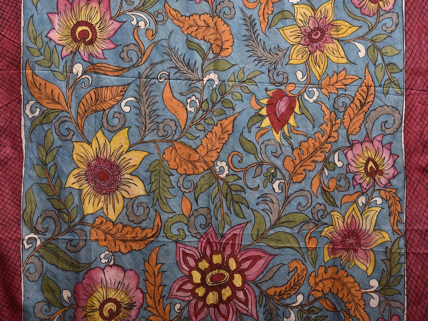 Orange and Blue Kalamkari Hand Painted Silk Handloom Saree with Floral Design kl0791