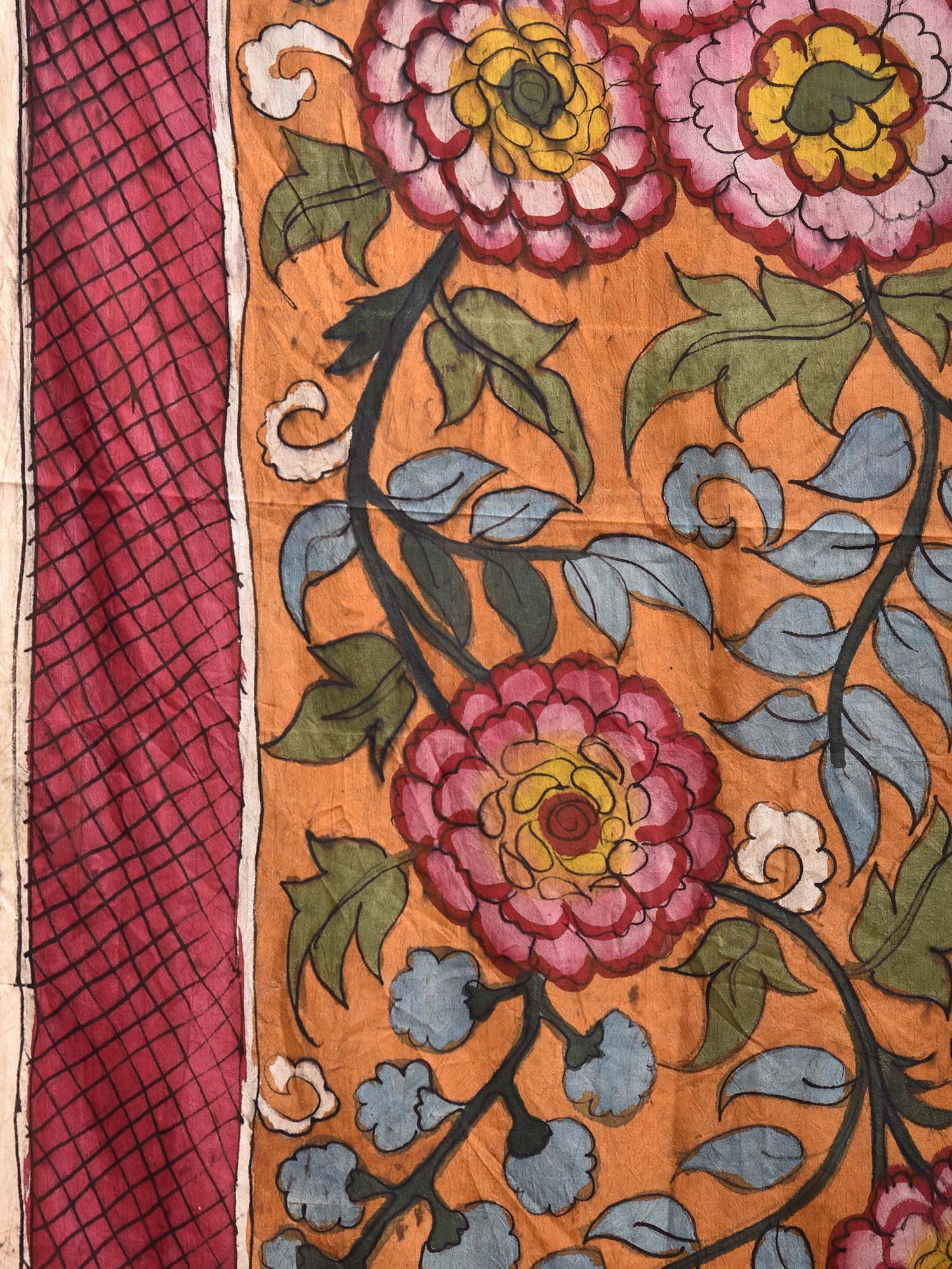 Orange and Blue Kalamkari Hand Painted Silk Handloom Saree with Floral Design kl0791