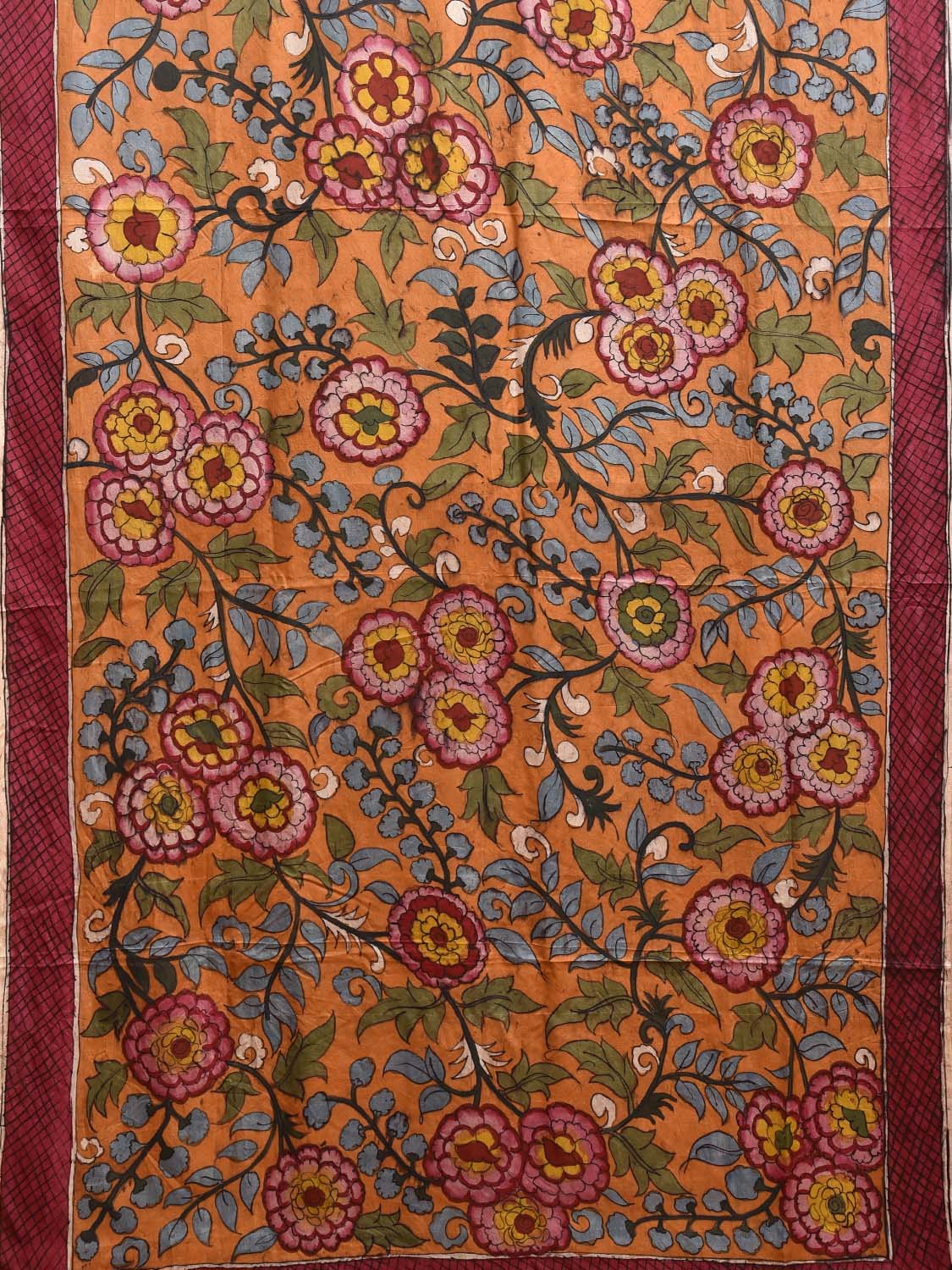 Orange and Blue Kalamkari Hand Painted Silk Handloom Saree with Floral Design kl0791
