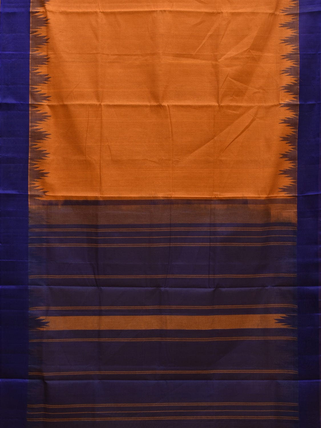 Orange and Blue Khadi Cotton Handloom Saree with Big Temple Border Design kh0675