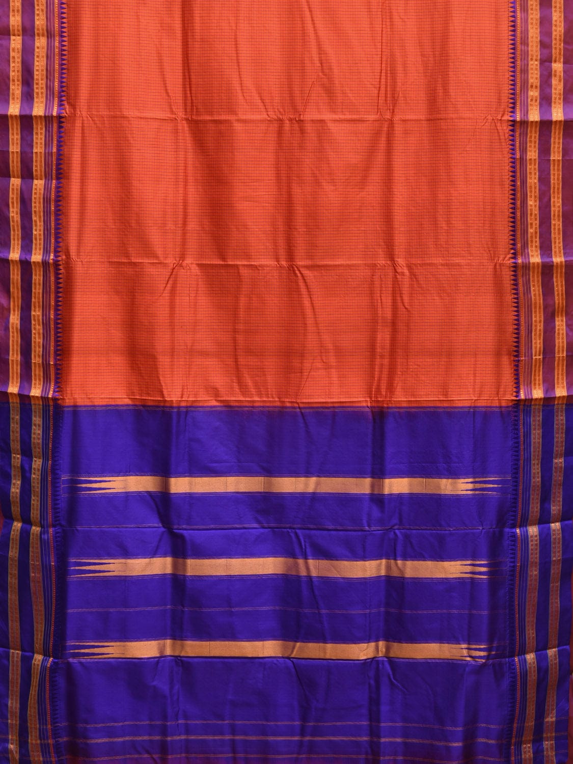 Orange and Blue Narayanpet Silk Handloom Saree with Checks Design No Blouse np0835