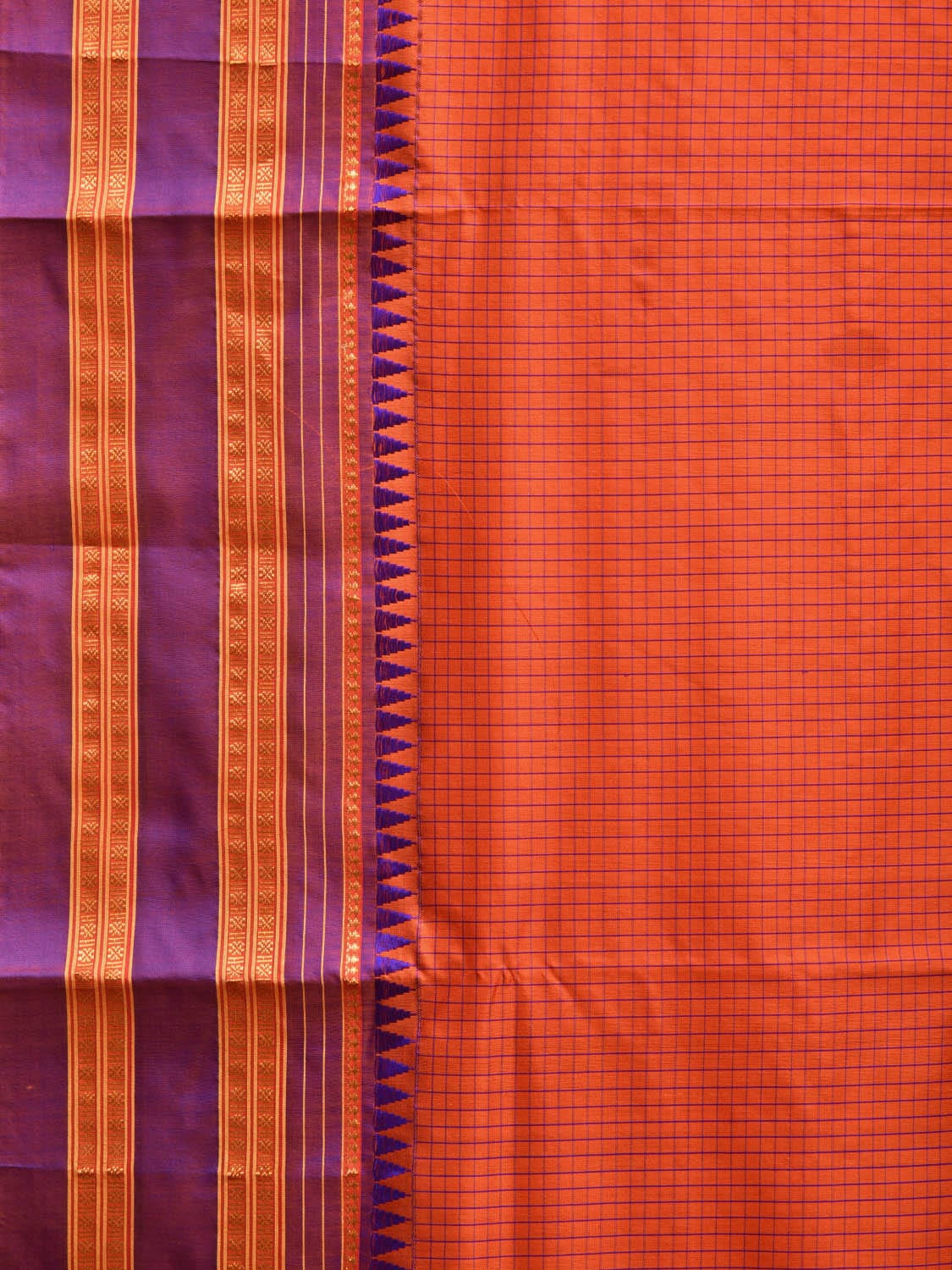 Orange and Blue Narayanpet Silk Handloom Saree with Checks Design No Blouse np0835