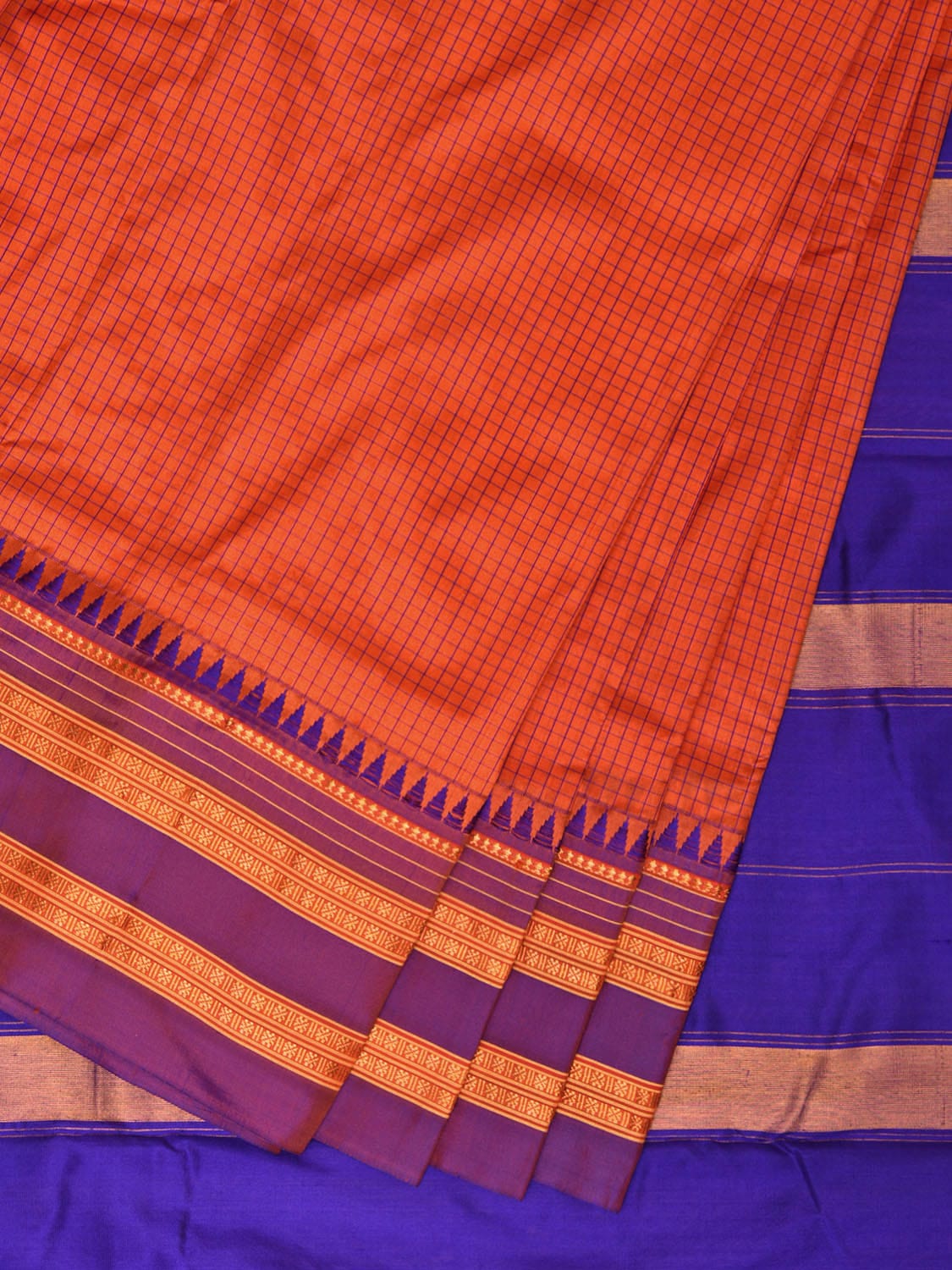 Orange and Blue Narayanpet Silk Handloom Saree with Checks Design No Blouse np0835