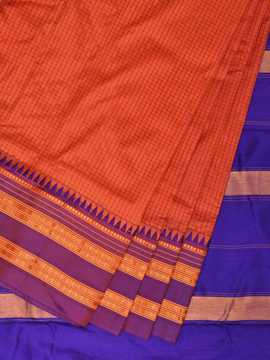 Orange and Blue Narayanpet Silk Handloom Saree with Checks Design No Blouse np0835