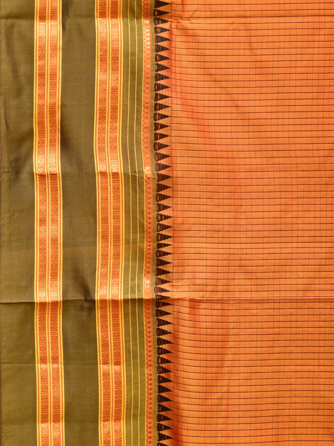 Orange and Brown Narayanpet Silk Handloom Saree with Checks Design No Blouse np0754