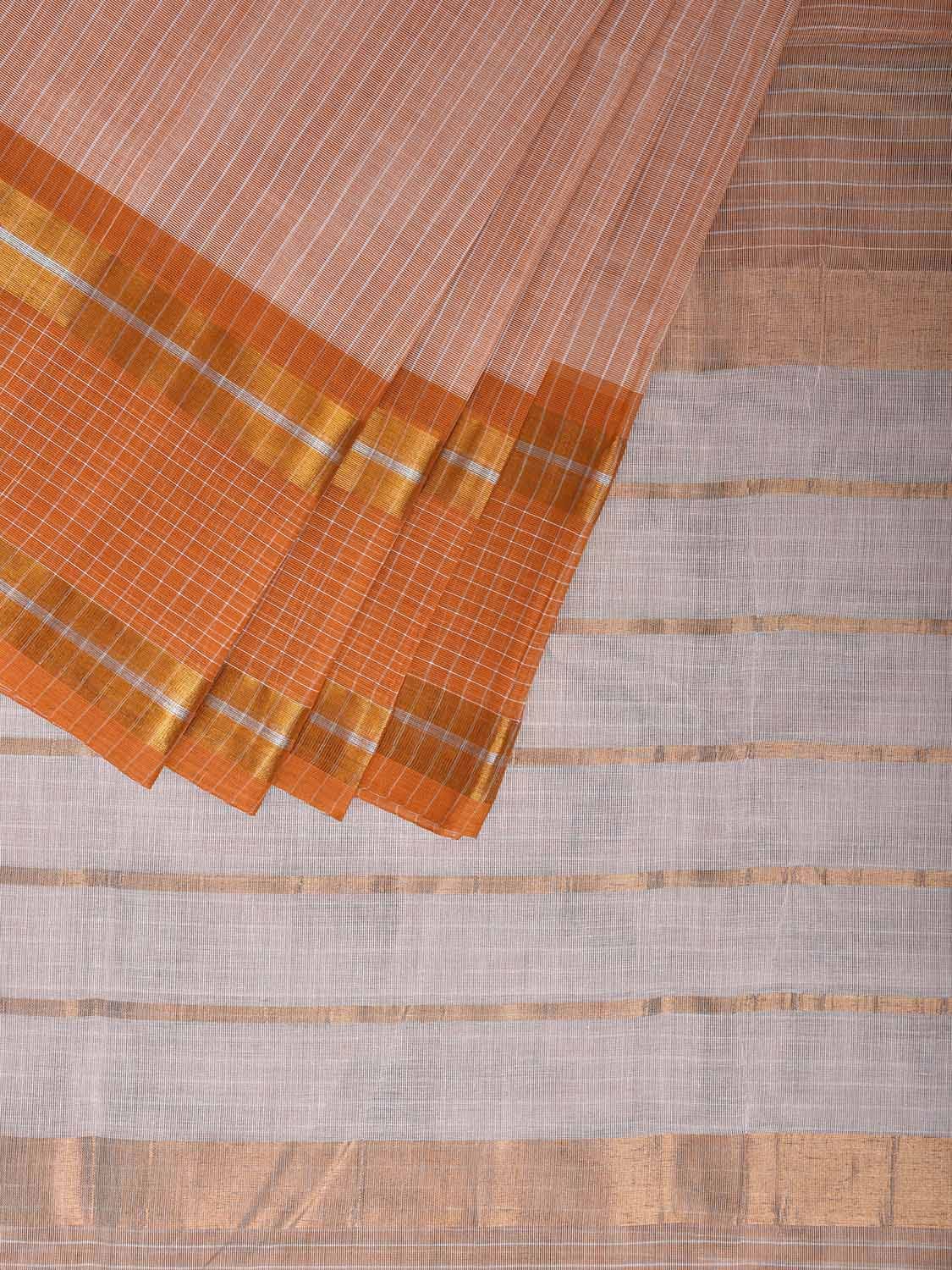 Orange and Cream Venkatagiri Cotton Saree with Strips and Checks Border Design No Blouse v0109