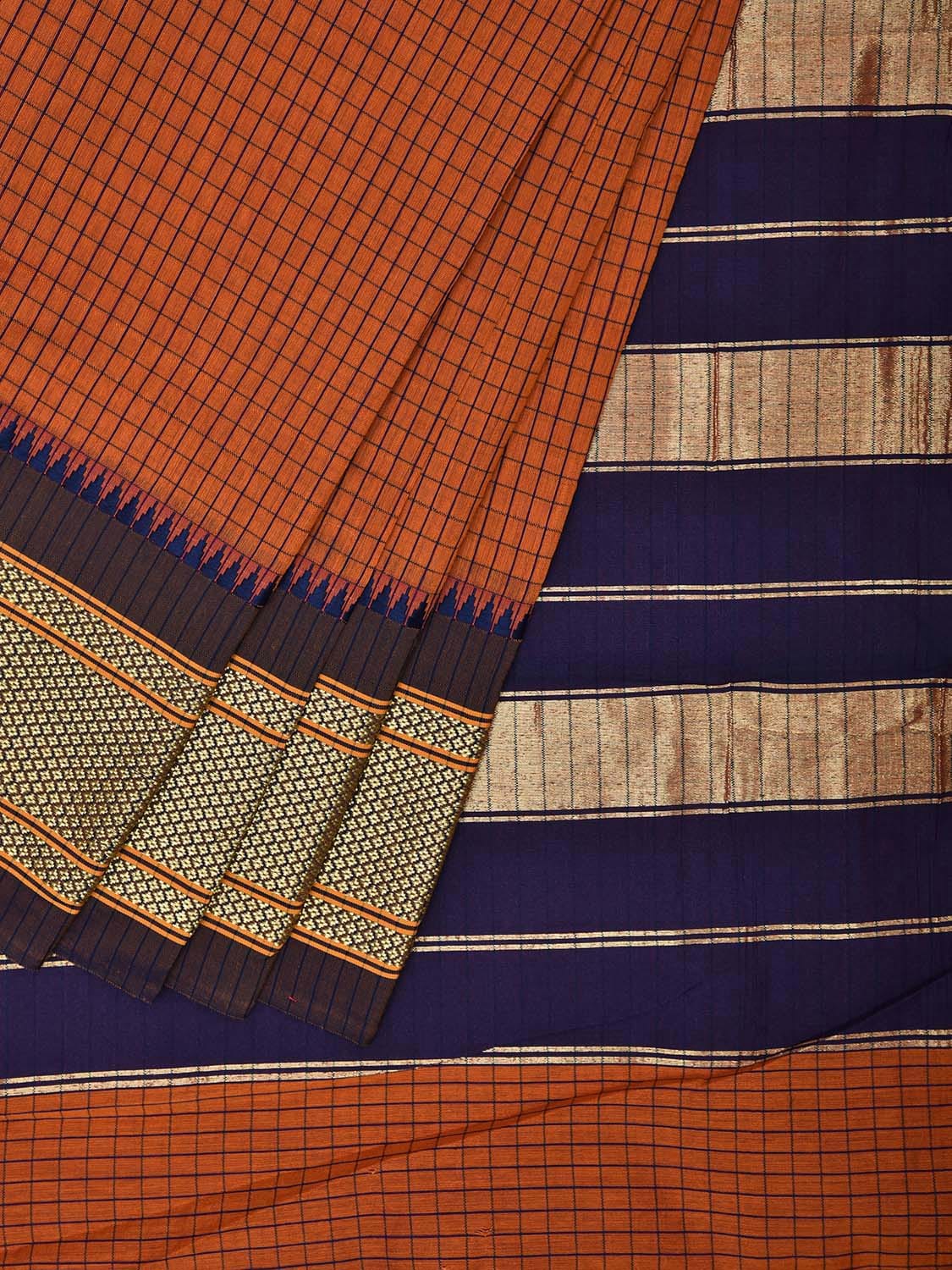 Orange and Dark Blue Bamboo Cotton Saree with Strips and Contrast Pallu Design No Blouse bc0584
