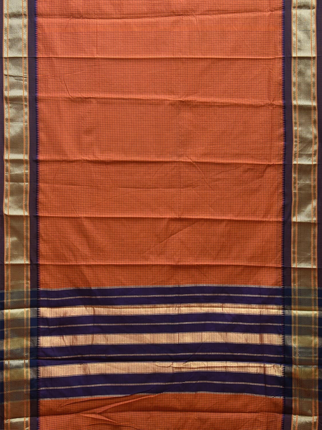 Orange and Dark Blue Bamboo Cotton Saree with Strips and Contrast Pallu Design No Blouse bc0584