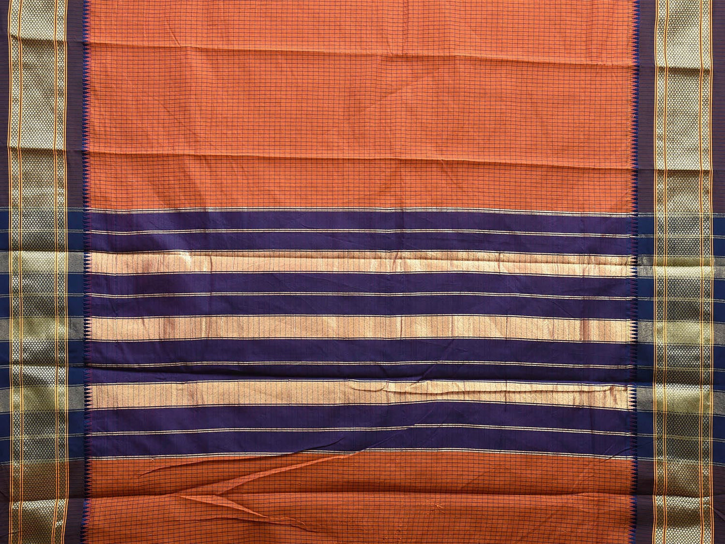 Orange and Dark Blue Bamboo Cotton Saree with Strips and Contrast Pallu Design No Blouse bc0584
