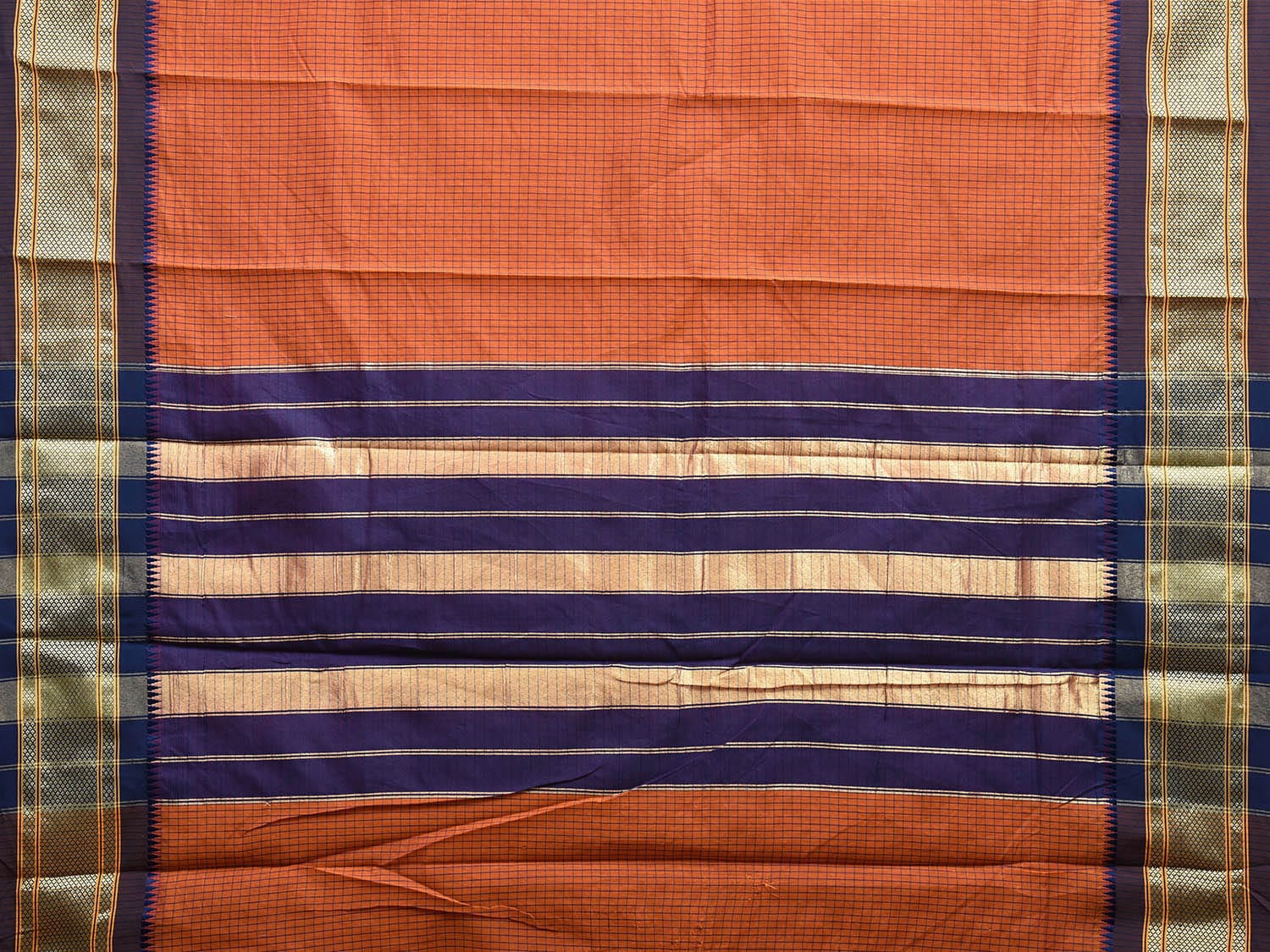 Orange and Dark Blue Bamboo Cotton Saree with Strips and Contrast Pallu Design No Blouse bc0584