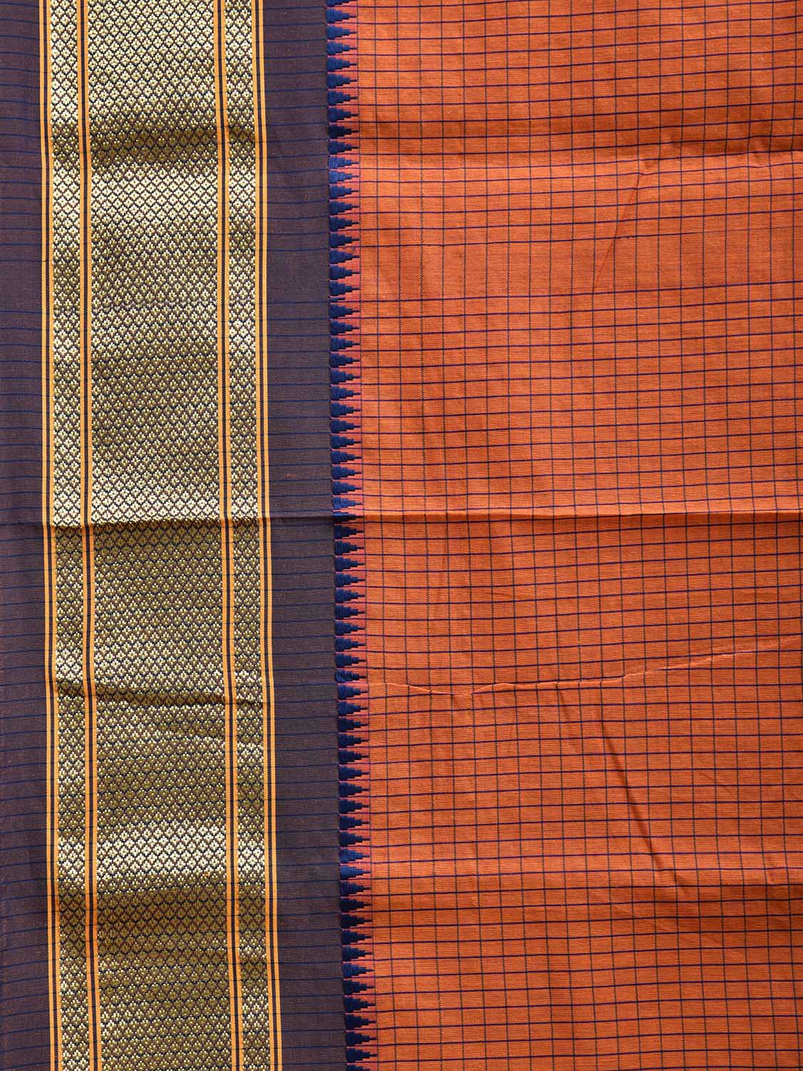 Orange and Dark Blue Bamboo Cotton Saree with Strips and Contrast Pallu Design No Blouse bc0584