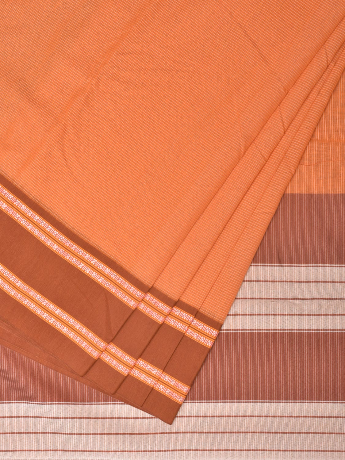 Orange and Fawn Bamboo Cotton Saree with Strips Design No Blouse bc0214