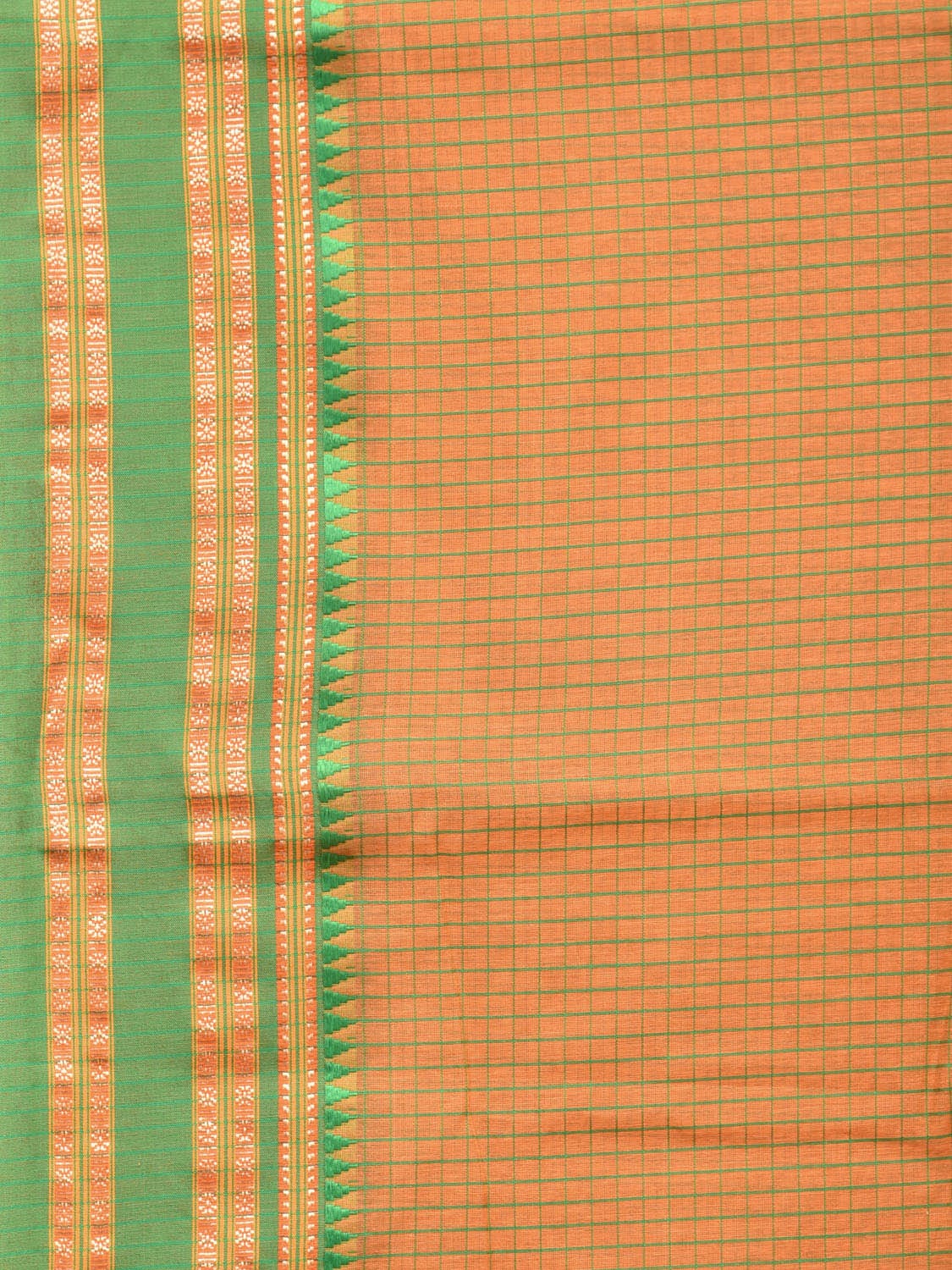 Orange and Green Bamboo Cotton Saree with Checks Design No Blouse bc0173