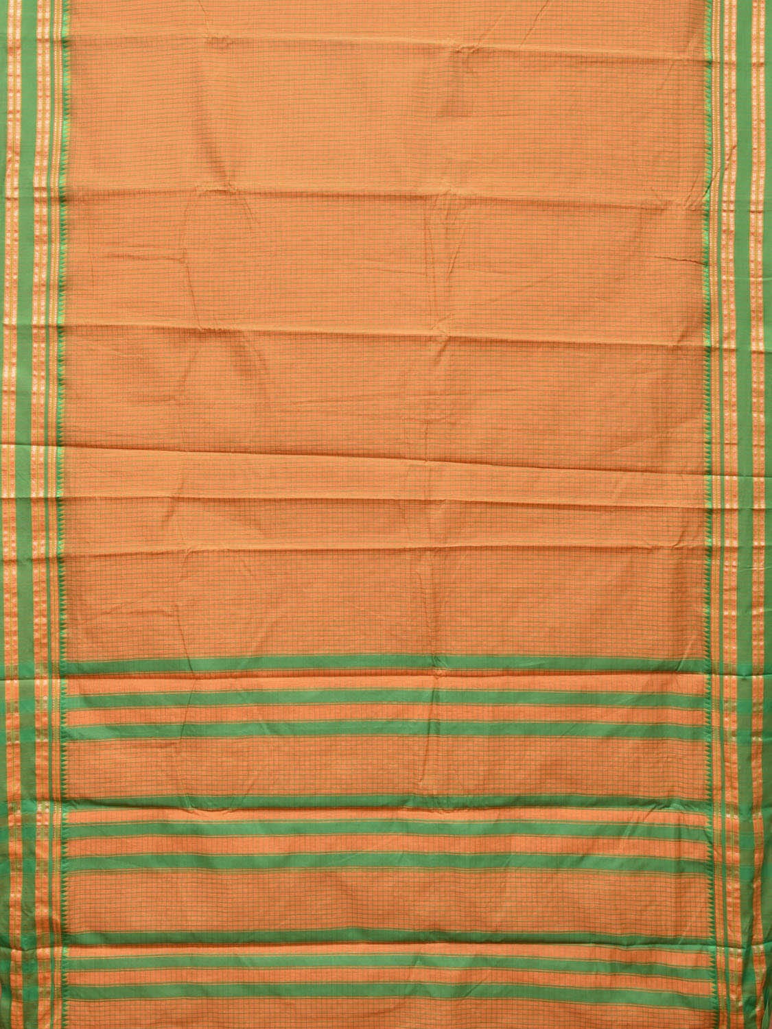 Orange and Green Bamboo Cotton Saree with Checks Design No Blouse bc0173