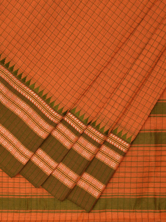 Orange and Green Bamboo Cotton Saree with Checks Design No Blouse bc0608