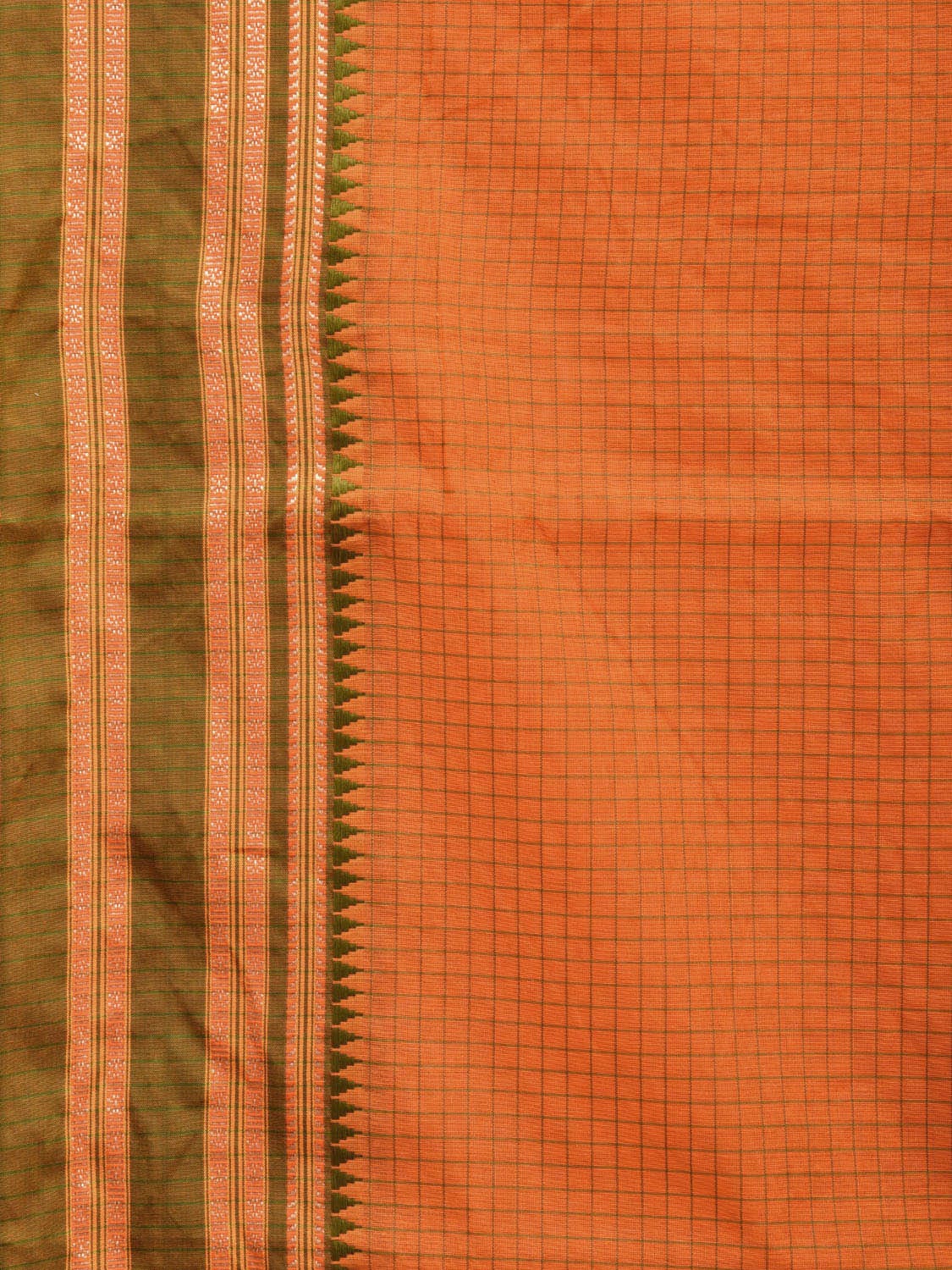Orange and Green Bamboo Cotton Saree with Checks Design No Blouse bc0608