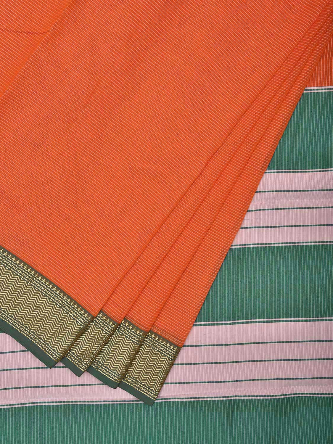 Orange and Green Bamboo Cotton Saree with Strips and Contrast Pallu Design No Blouse bc0566