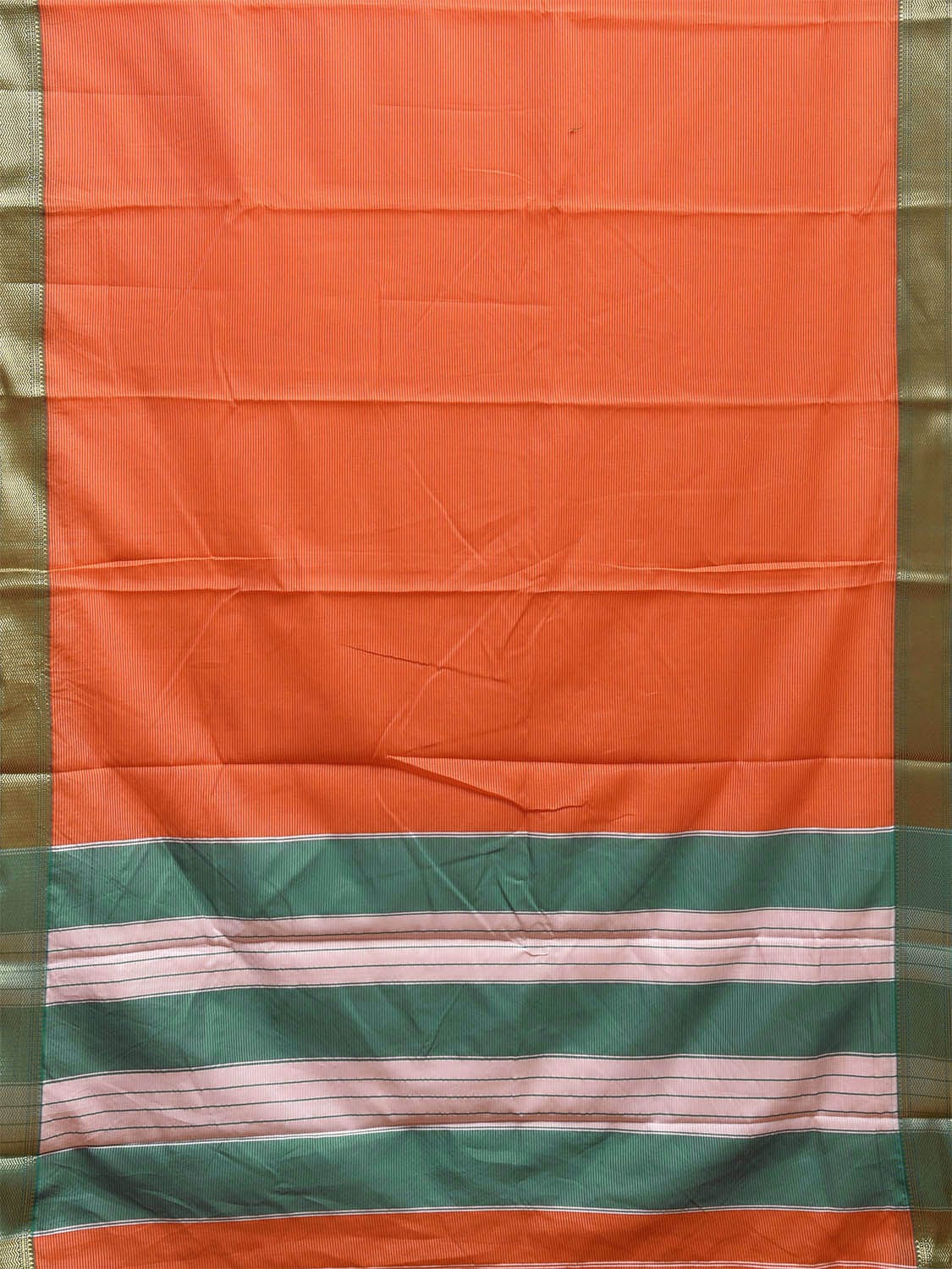Orange and Green Bamboo Cotton Saree with Strips and Contrast Pallu Design No Blouse bc0566