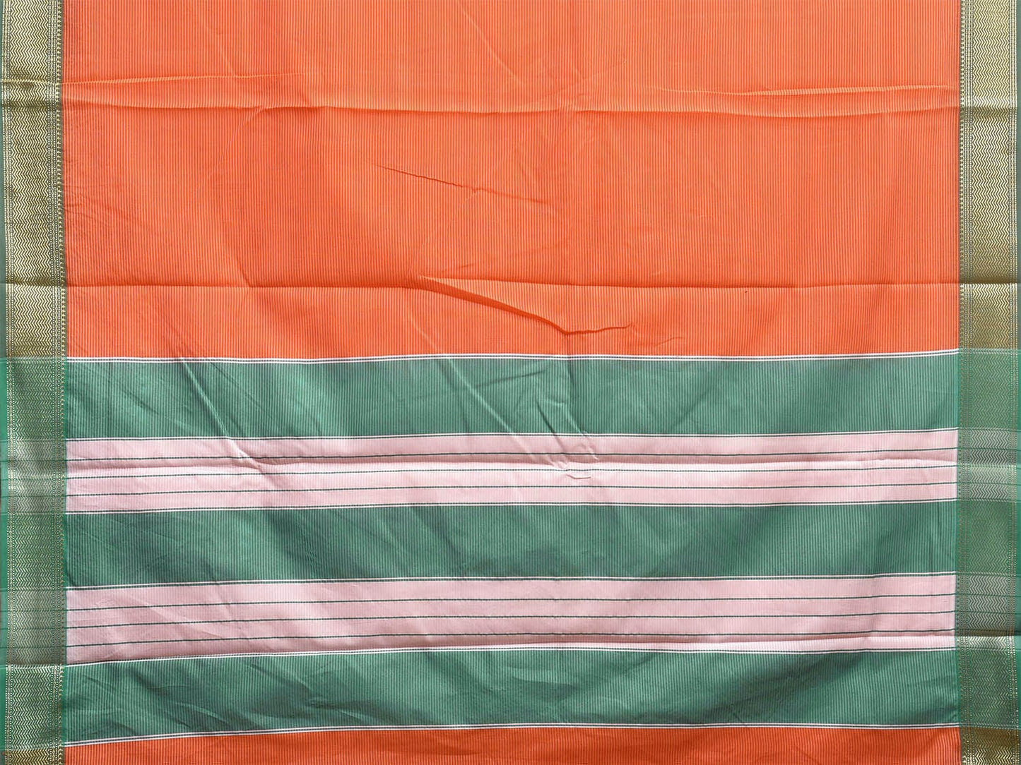 Orange and Green Bamboo Cotton Saree with Strips and Contrast Pallu Design No Blouse bc0566