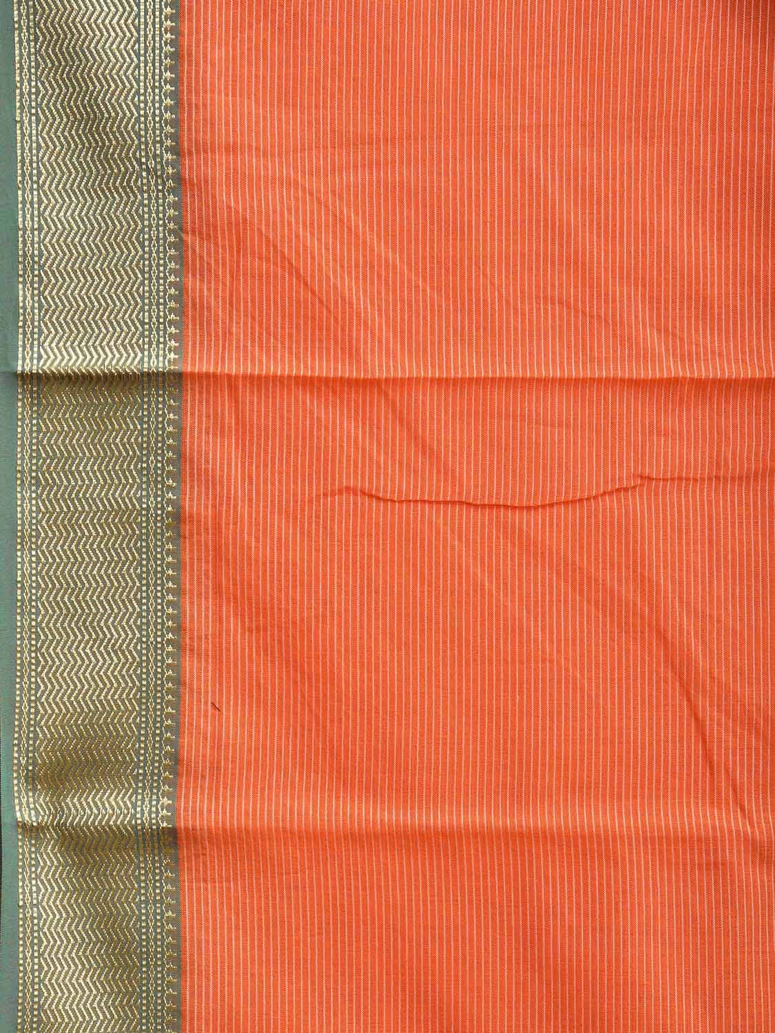 Orange and Green Bamboo Cotton Saree with Strips and Contrast Pallu Design No Blouse bc0566