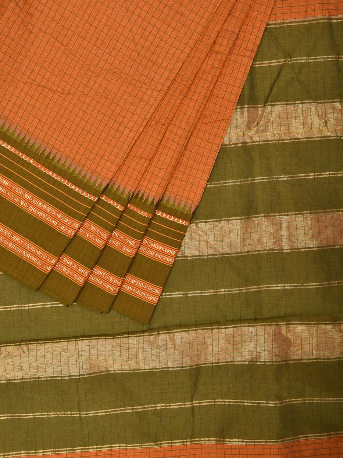 Orange and Green Bamboo Cotton Viscose Silk Saree with Checks and Contrast Pallu Design No Blouse bc0578