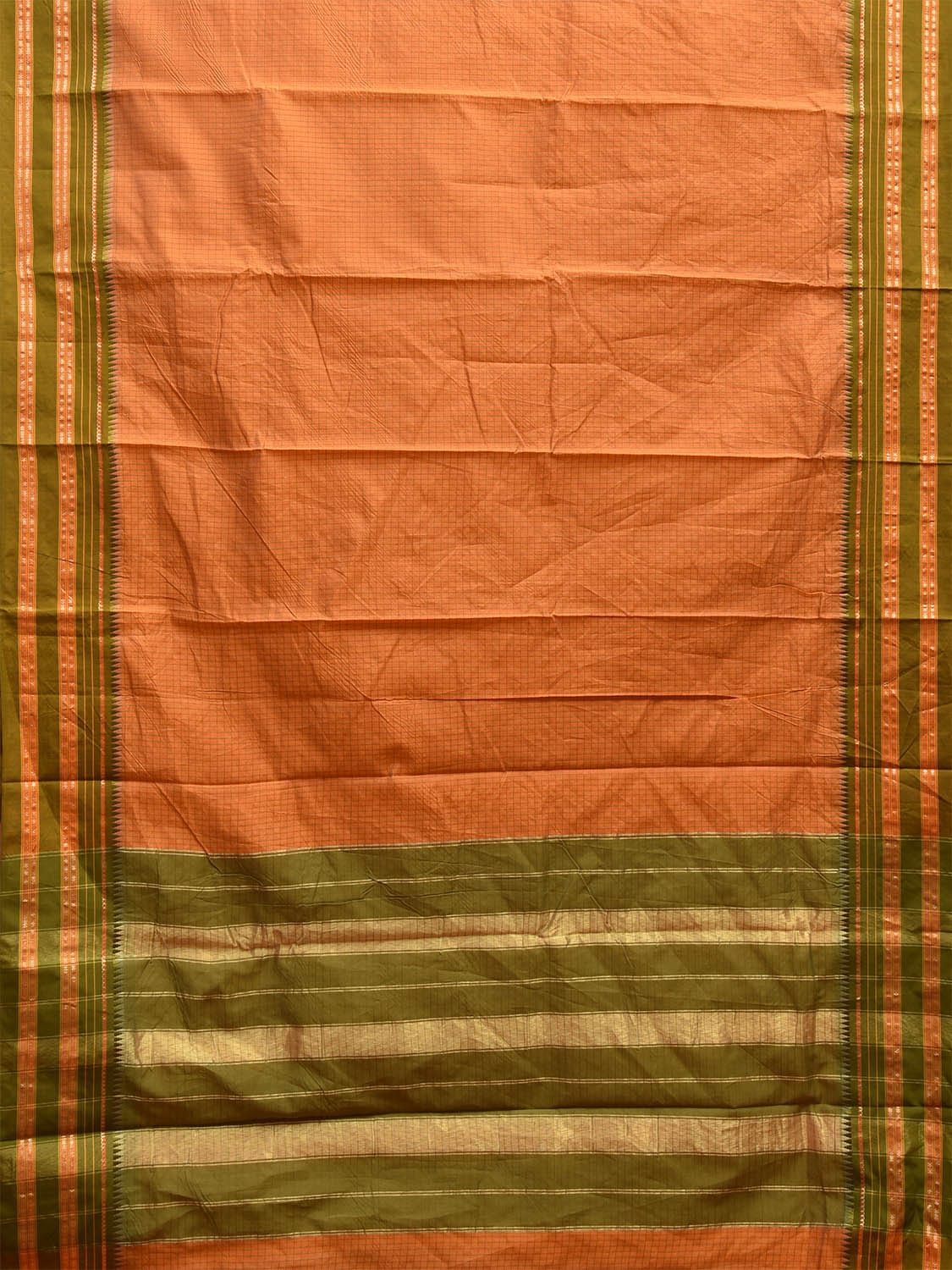 Orange and Green Bamboo Cotton Viscose Silk Saree with Checks and Contrast Pallu Design No Blouse bc0578
