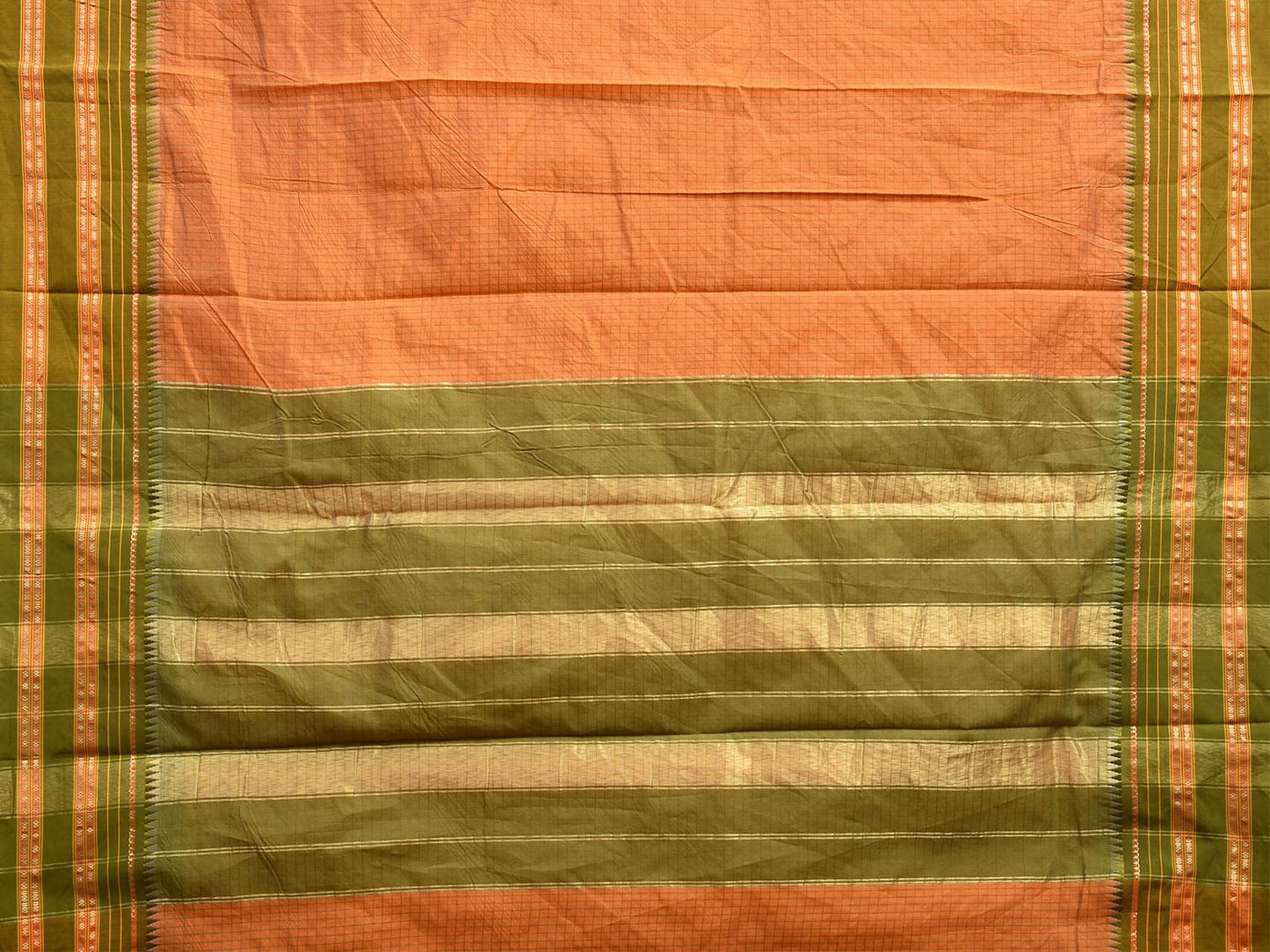 Orange and Green Bamboo Cotton Viscose Silk Saree with Checks and Contrast Pallu Design No Blouse bc0578