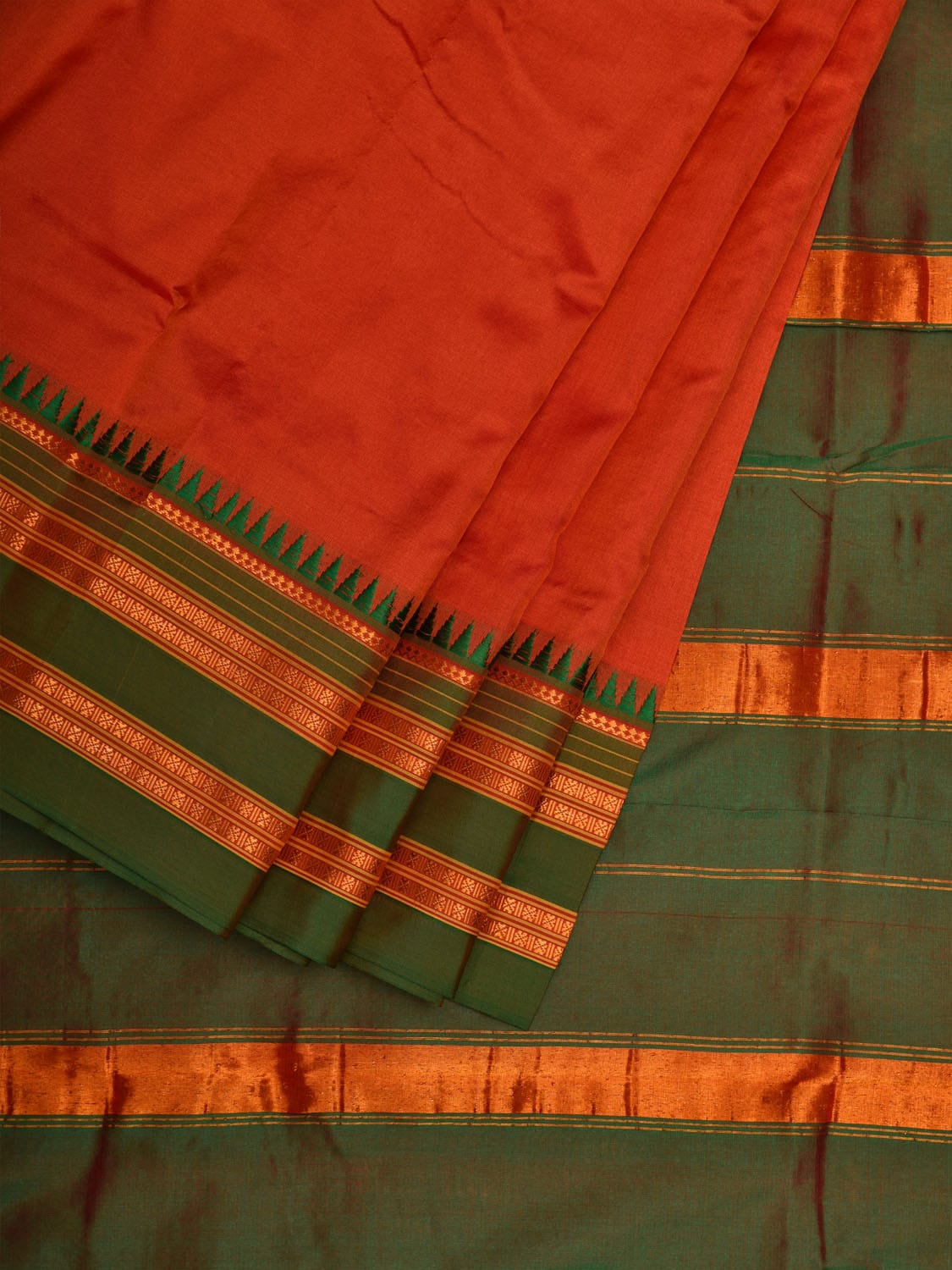 Orange and Green Narayanpet Silk Handloom Plain Saree with Traditional Border Design No Blouse np0552