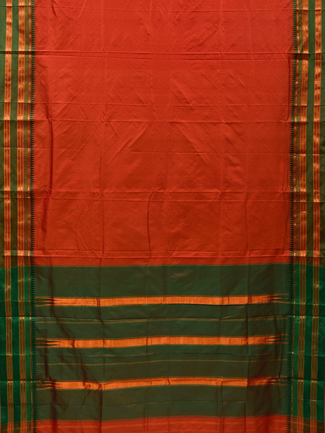 Orange and Green Narayanpet Silk Handloom Plain Saree with Traditional Border Design No Blouse np0552