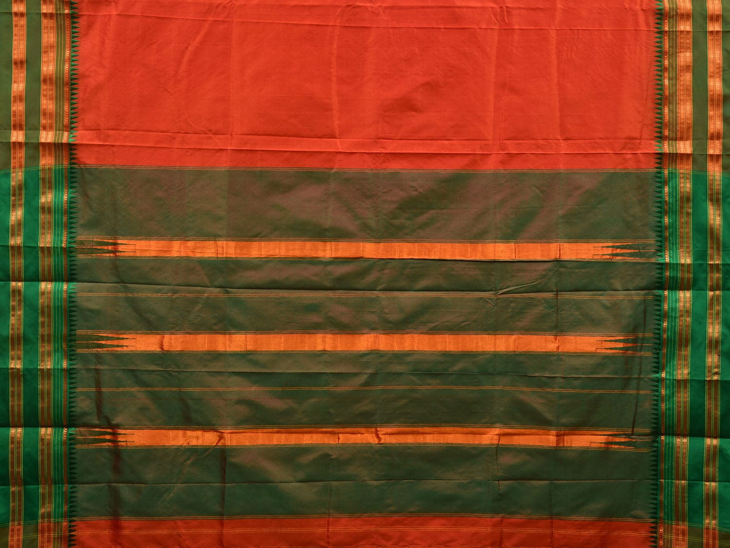 Orange and Green Narayanpet Silk Handloom Plain Saree with Traditional Border Design No Blouse np0552