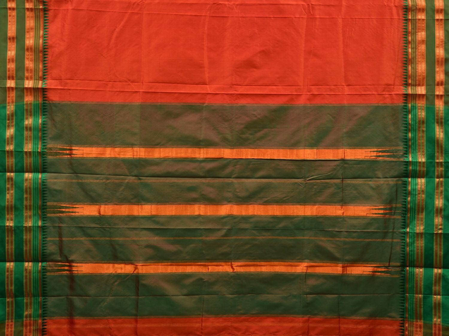 Orange and Green Narayanpet Silk Handloom Plain Saree with Traditional Border Design No Blouse np0552