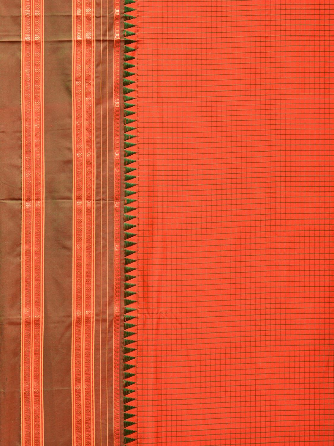 Orange and Green Narayanpet Silk Handloom Saree with Checks Design No Blouse np0730