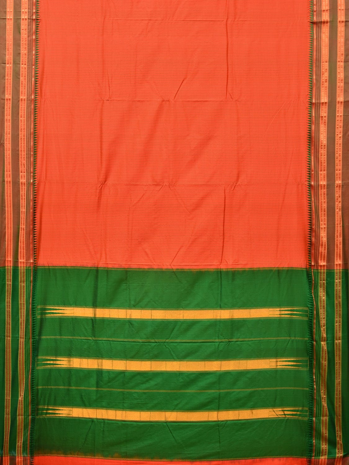 Orange and Green Narayanpet Silk Handloom Saree with Checks Design No Blouse np0730