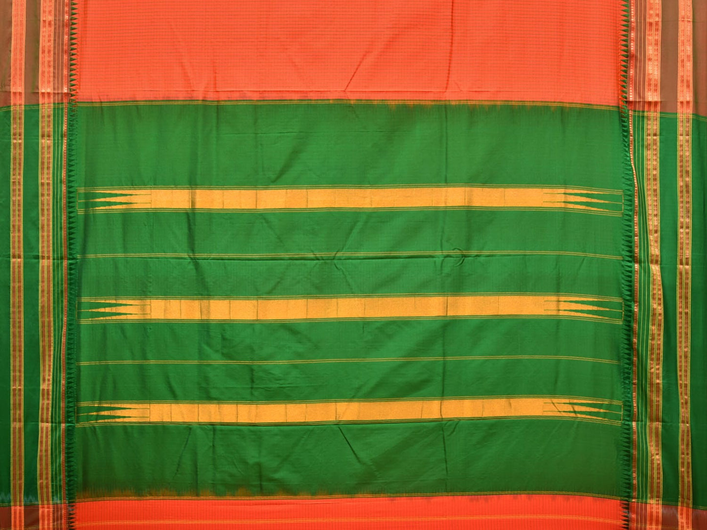 Orange and Green Narayanpet Silk Handloom Saree with Checks Design No Blouse np0730