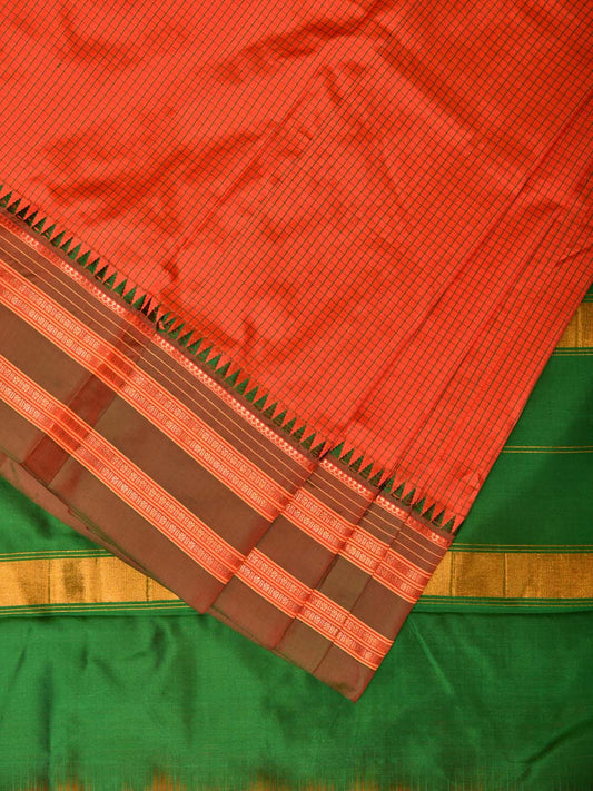 Orange and Green Narayanpet Silk Handloom Saree with Checks Design No Blouse np0730