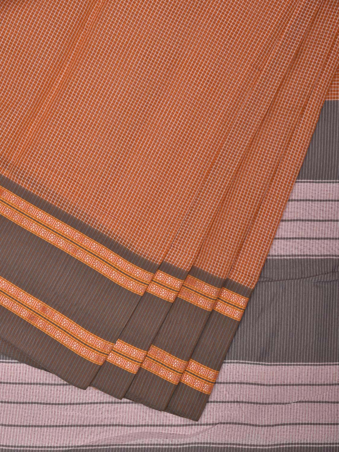 Orange and Grey Bamboo Cotton Saree with Small Checks Design No Blouse bc0318