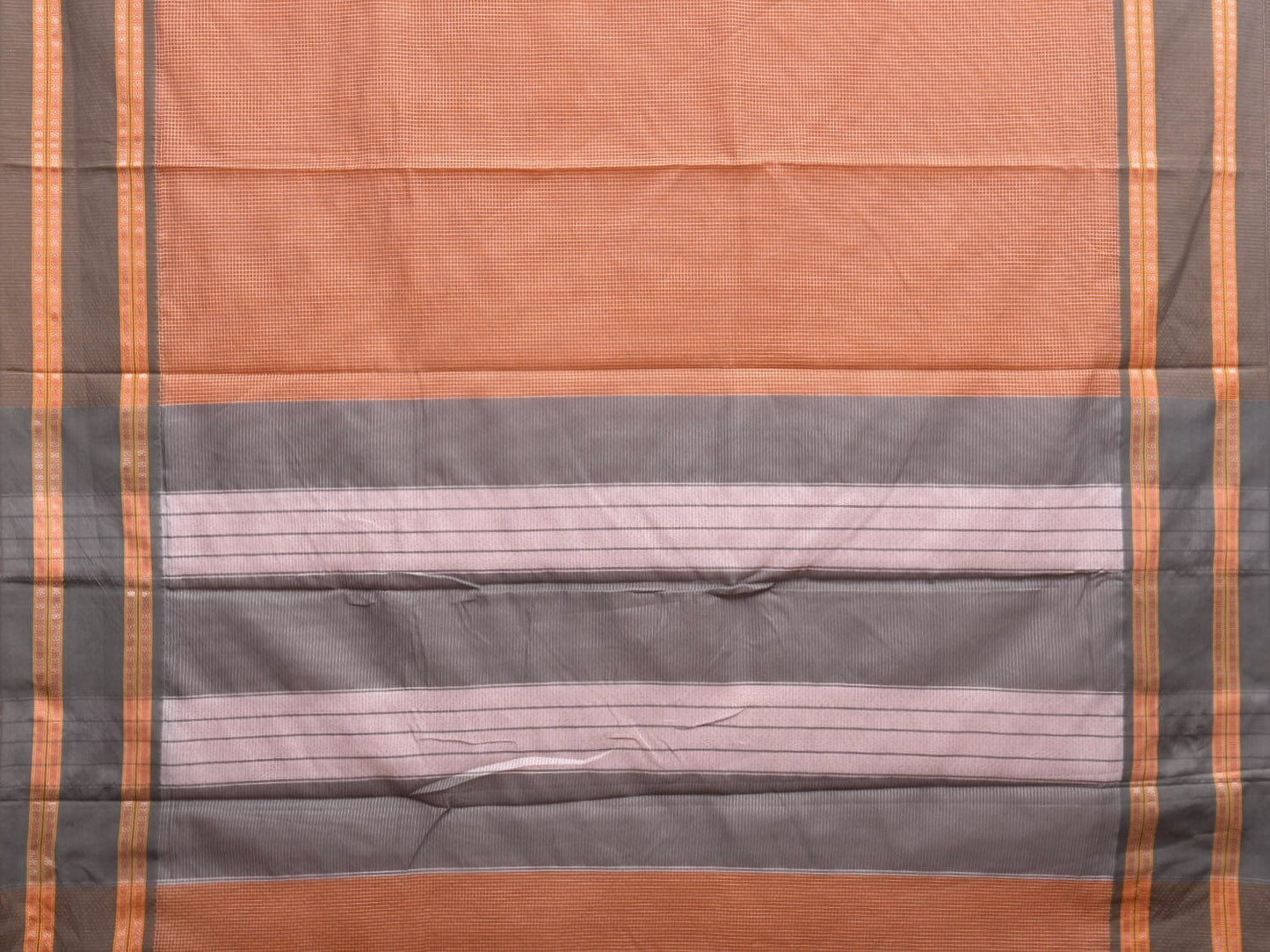Orange and Grey Bamboo Cotton Saree with Small Checks Design No Blouse bc0318