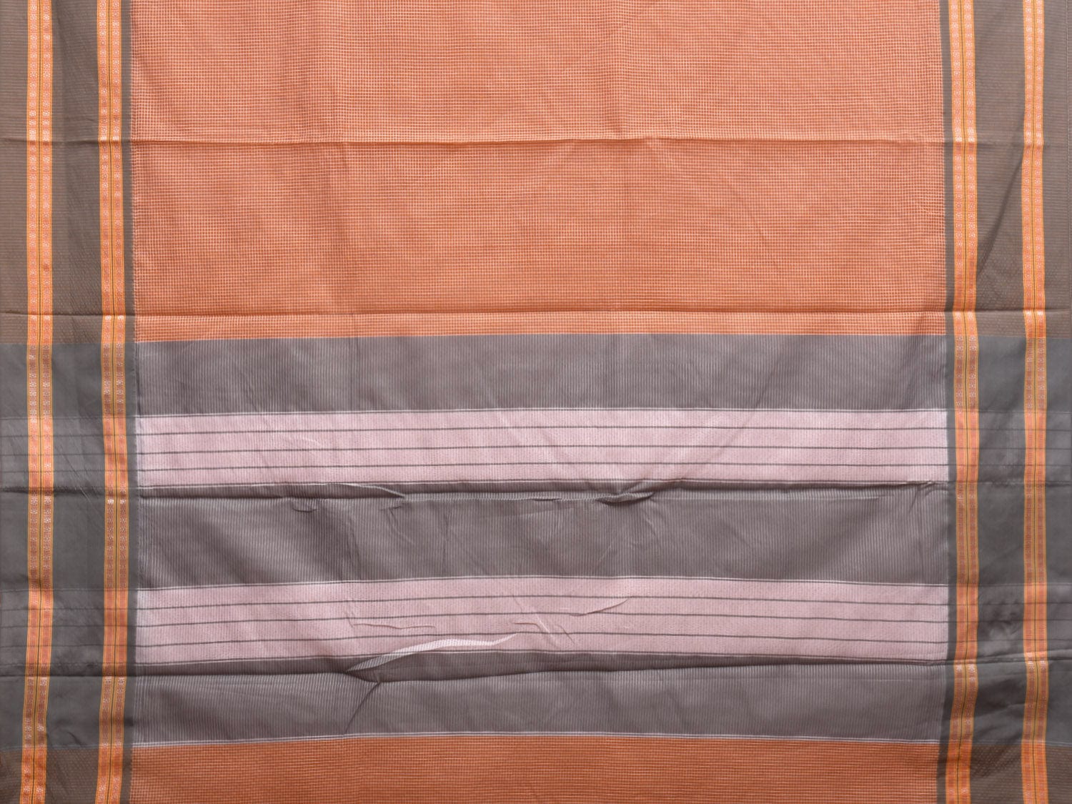 Orange and Grey Bamboo Cotton Saree with Small Checks Design No Blouse bc0318