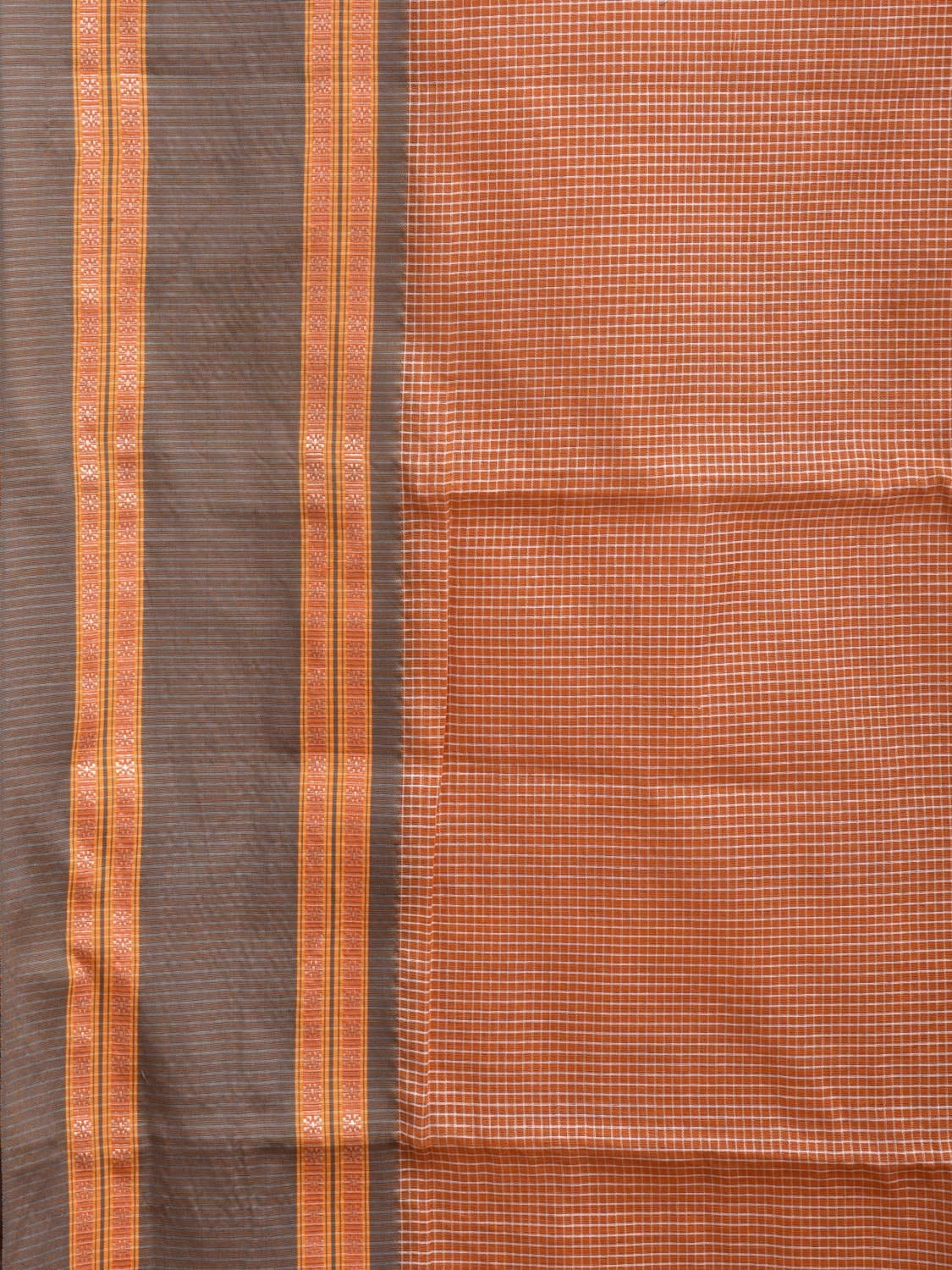 Orange and Grey Bamboo Cotton Saree with Small Checks Design No Blouse bc0318