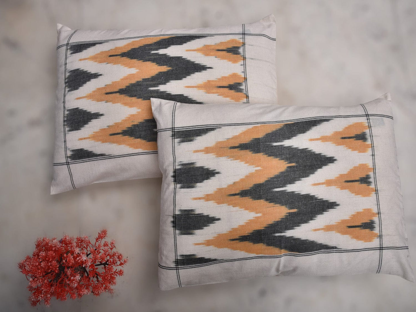 Orange and Grey Pochampally Ikat Cotton Handloom Bedsheet with Zig-Zag Design 90 x 108 Inches bd0046