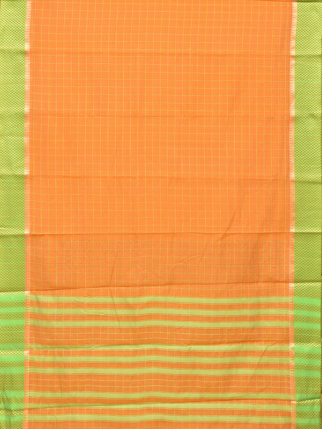 Orange and Light Green Bamboo Cotton Saree with Big Checks Design No Blouse bc0159